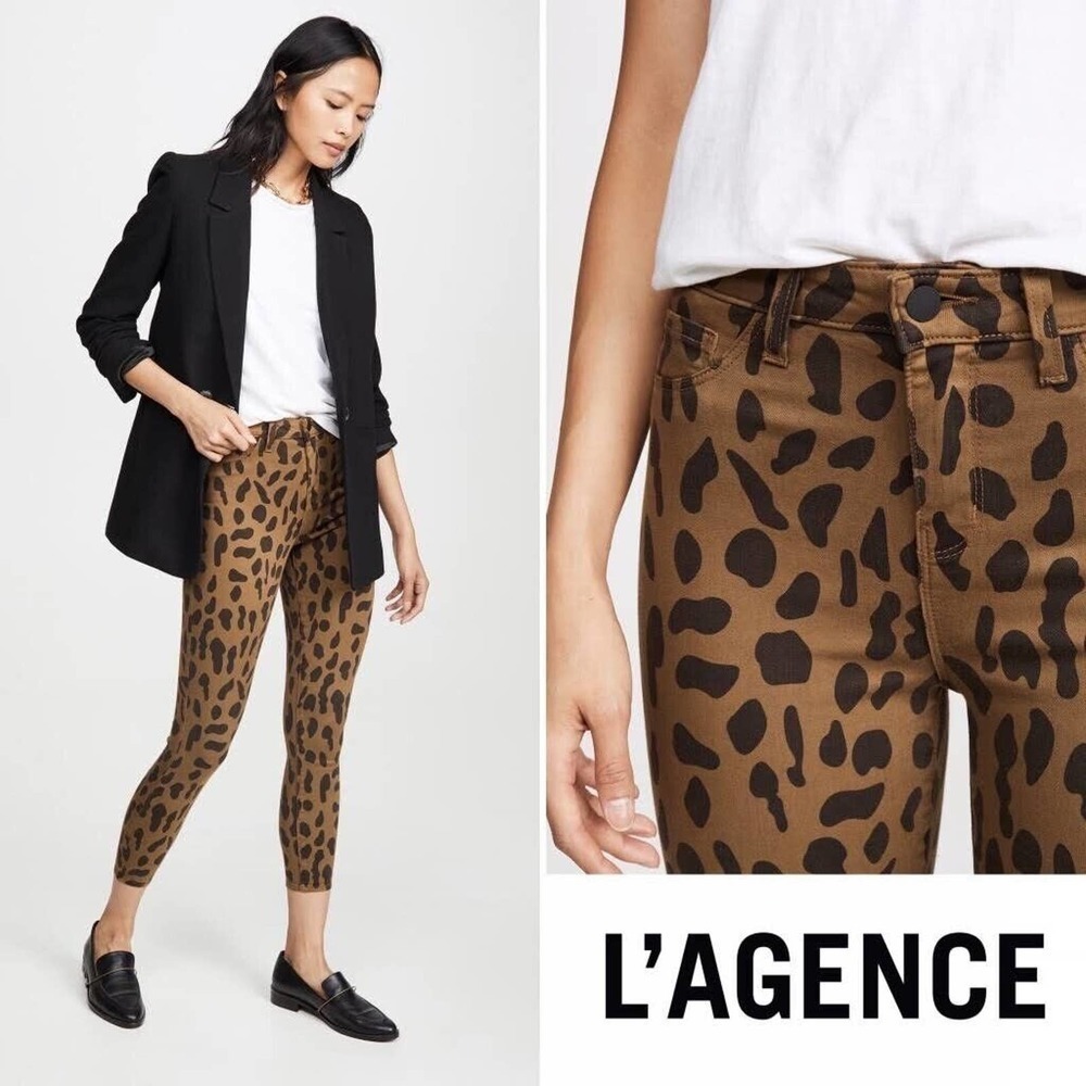 New L’AGENCE Margot Brown Animal Print Coated High Rise Skinny Jeans 23 Ankle